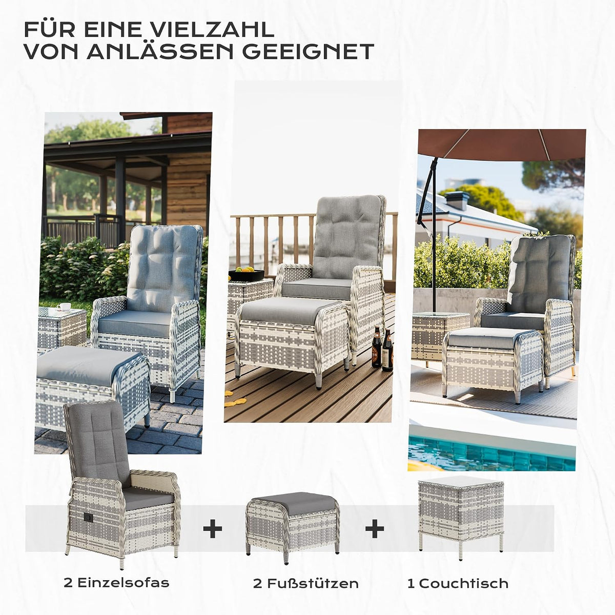 Set de muebles de jardín de ratán de 5 piezas, conjunto de conversación para patio con 2 sillas, 2 taburetes y 1 mesa, respaldos ajustables y cojines suaves, para terrazas, jardines y patios, gris