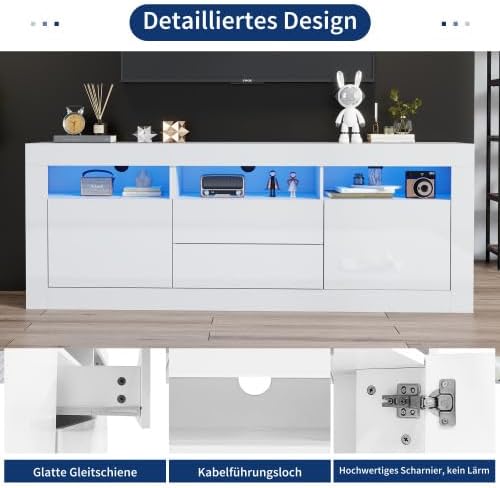 Mueble para TV Merax con iluminación LED, mueble bajo de 160 cm en blanco de alto brillo, sistema de apertura por presión, gran espacio de almacenamiento para salón, control por Bluetooth para la iluminación LED