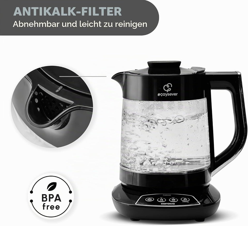 Máquina de té Karaca Caysever, acero, cromo 1700 W, libre de BPA, capacidad de tetera de cristal de 0,8 L, capacidad del depósito de agua de 1,5 L, preparación de agua