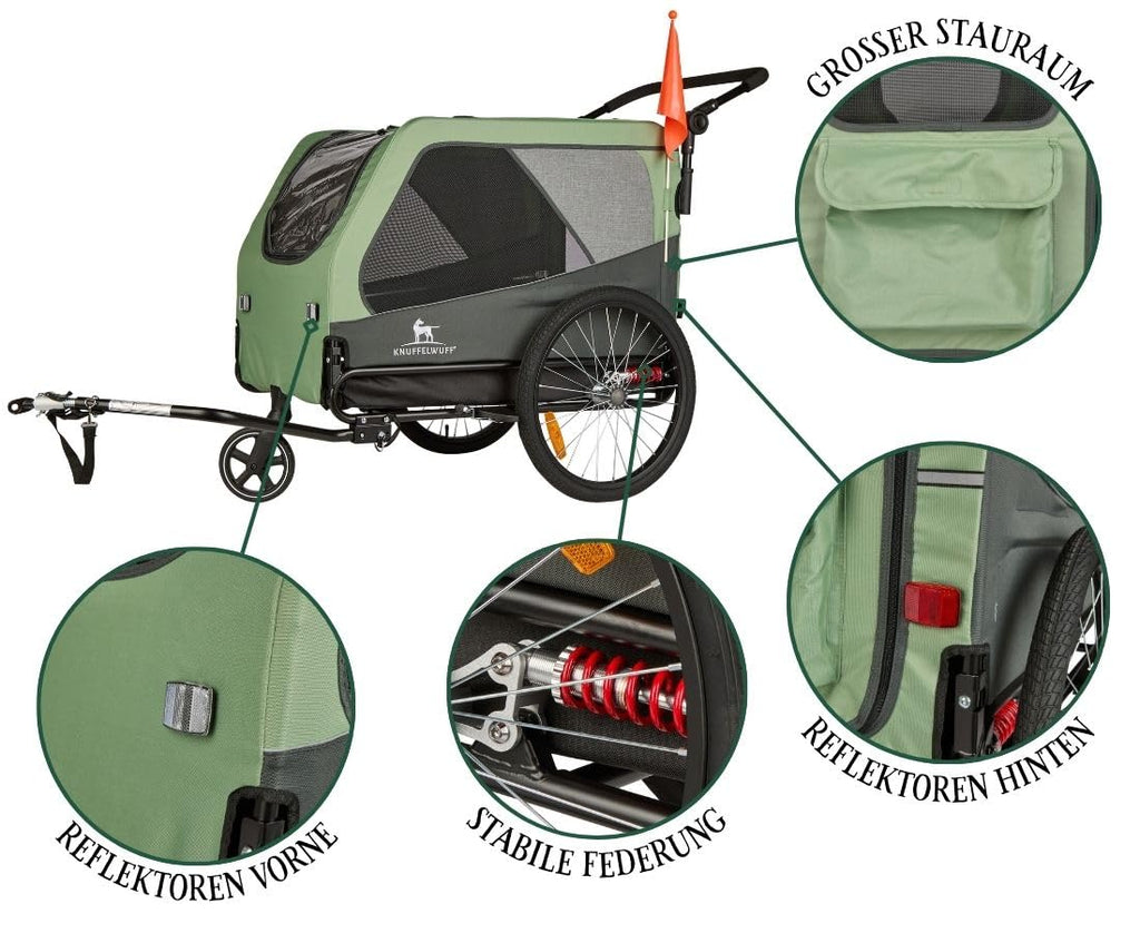 Remolque para bicicletas para perros Knuffelwuff Cruvado 45 kg, plegable, ligero, correa de seguridad, reflectores, enganche universal