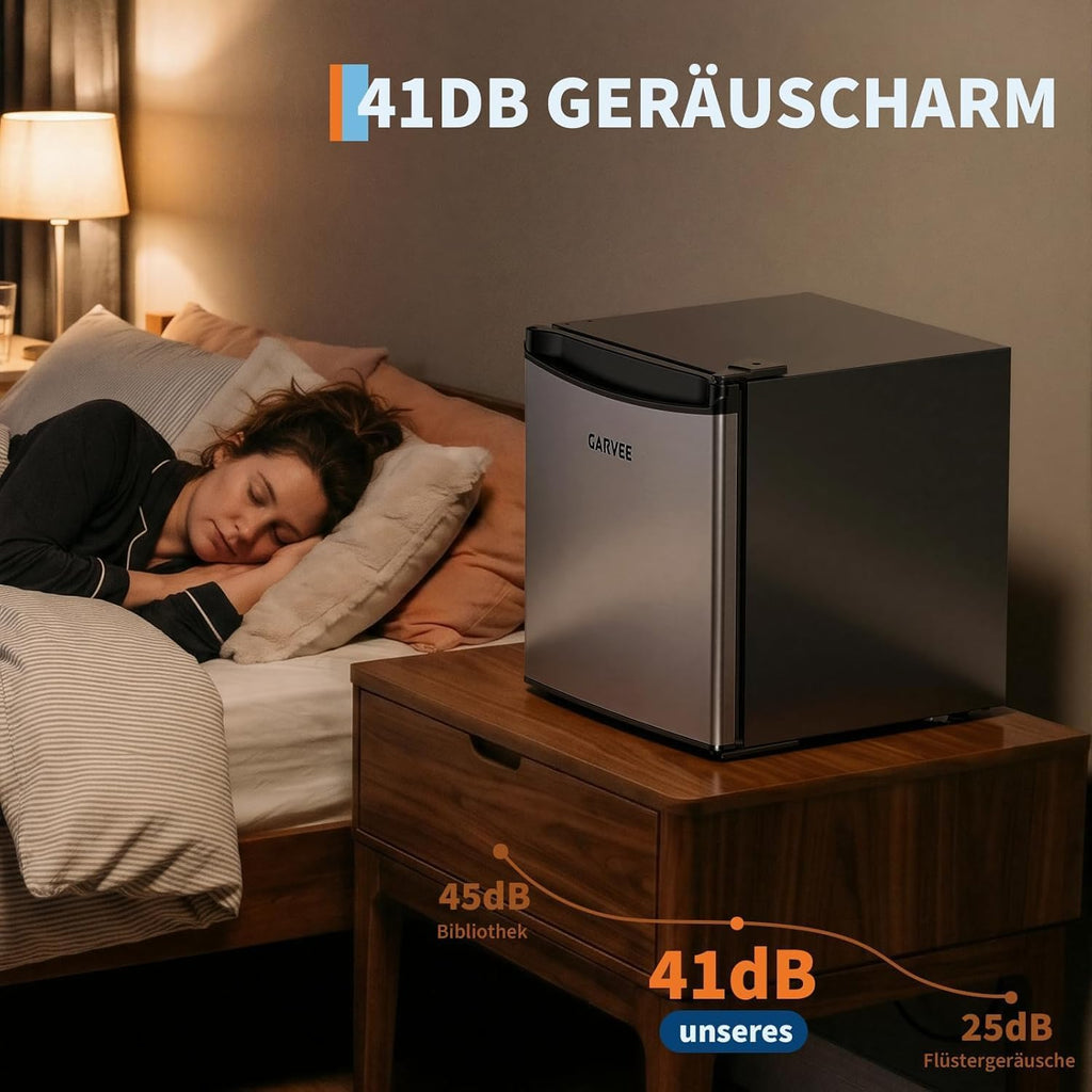 Mininevera Garvee Leiser 45L – frontal de acero inoxidable, 5 niveles de temperatura (0–18 °C), cajón para verduras, patas ajustables, compacta y eficiente energéticamente – para habitaciones y oficina – Estándar europeo