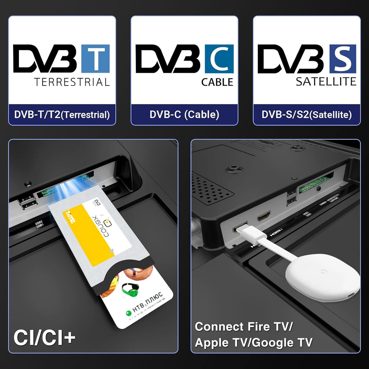 Televisor RCA de 32 pulgadas (80 cm) LED HD sin funciones inteligentes, con triple sintonizador (DVB-T/T2-C-S/S2), HDMI, VGA, reproductor multimedia USB, CI+ y modo hotel