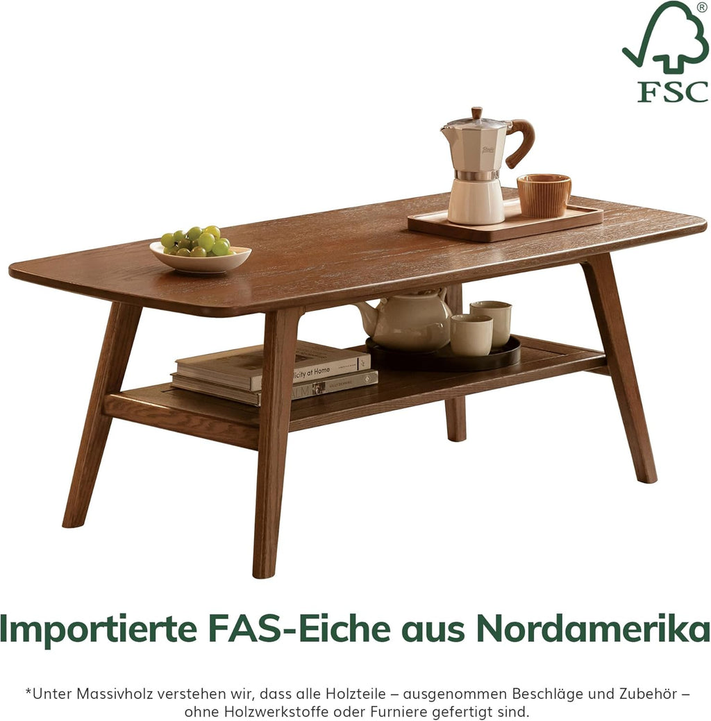 Mesa de centro YESWOOD de madera maciza de roble, mesa de salón con 2 niveles y espacio de almacenamiento, mesa de sofá para sala de estar, 80 x 50 x 44 cm, color nogal
