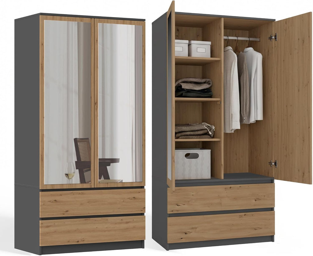Armario infantil CDF de 90 cm de ancho, armario multiusos de 2 puertas con espejo, 2 cajones, 4 estantes y 1 barra para ropa, tablero laminado de 16 mm, armario multiusos, roble artisan/antracita