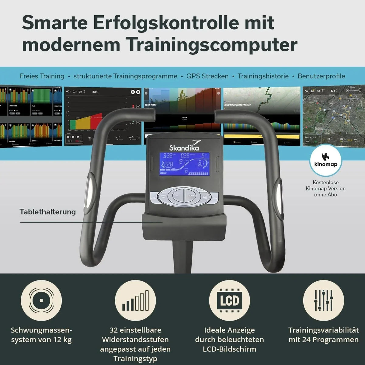 Bicicleta estática ergométrica Morpheus, sistema de freno magnético, 12 kg de masa de inercia, 32 niveles, 24 programas, compatible con la aplicación Kinomap, 150 kg, 144x56x103 cm