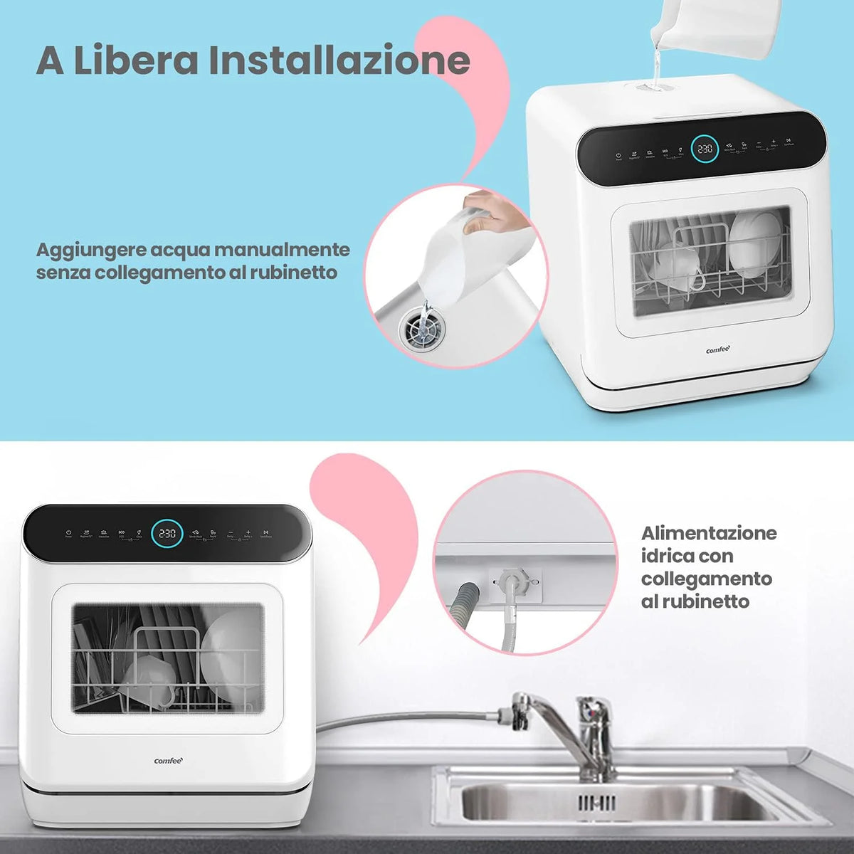 COMFEE' Mfd42S110W-It zmywarka wolnostojąca z 3 kocami, 7 programami, dotykiem sterowania, wyświetlaczem LED, opóźnionym startem i funkcją prania poza sezonem, biały