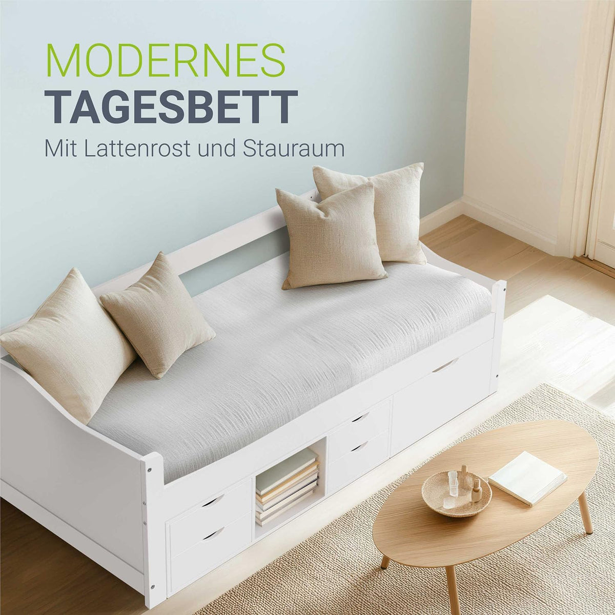 Cama funcional Juskys Nalu 90x200 cm - Cama de madera con somier y cajones - Cama con almacenamiento para niños - Cama juvenil, cama infantil, cama de invitados - Blanco
