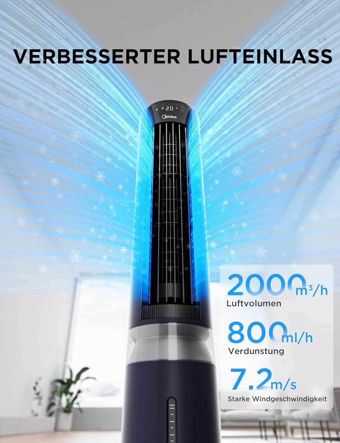 Enfriador de aire Midea Sensicool con refrigeración por agua de 7L | Aire acondicionado portátil sin tubo de escape | Ventilador con refrigeración por agua | Enfriador evaporativo de 2000 m³/h, 6 velocidades, pantalla táctil (azul)