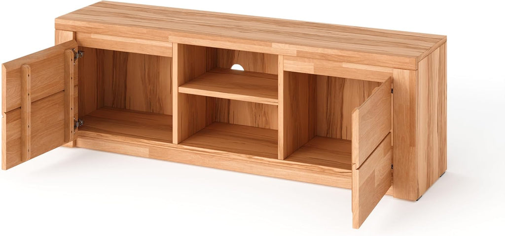 Mueble bajo para TV Kiki design Livigno de madera de haya núcleo parcialmente maciza aceitada, diseño sin tiradores, mueble de TV moderno con gran espacio de almacenamiento para su salón, con certificación FSC -
