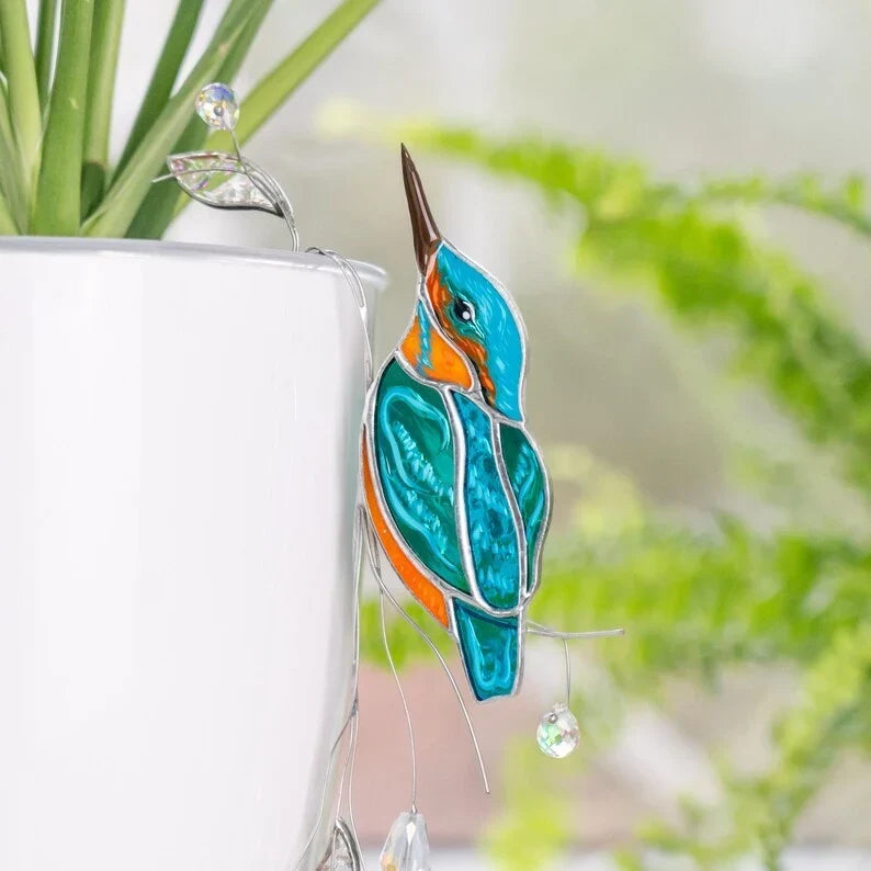 Estaca de jardín con atrapasueños de cristal de martín pescador - Decoración de vitral - Hecho a mano 4x6,5 pulgadas