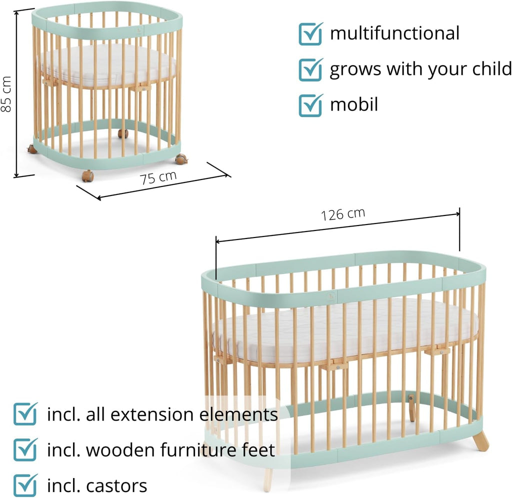Cuna 7 en 1 tweeto®: cuna de madera evolutiva | cuna de colecho y cuna de barrotes de altura regulable | convertible en cama infantil y parque de juegos (haya natural)