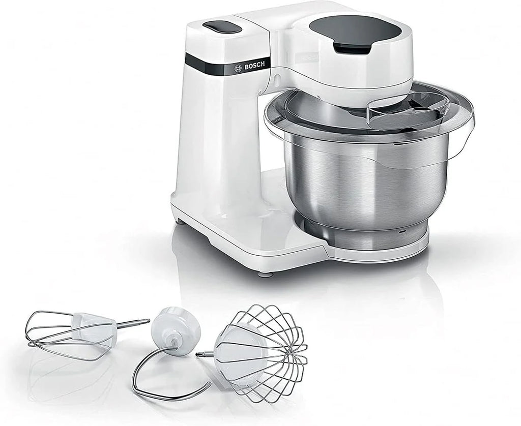 Bosch MUM2 wielofunkcyjny robot kuchenny, 700 W, maszynka do ubijania i wyrabiania ciast, mikser planetarny, hak do ciasta, duża misa ze stali nierdzewnej 3,8l z pokrywą, kolor biały, MUMS2EW00