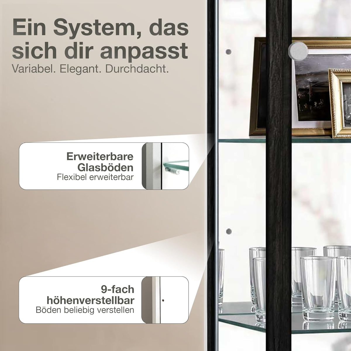 Vitrina de cristal de 2 puertas (176x67x33 cm) - Fabricada en Alemania - Vitrina de pie negra con 4 estantes de cristal ajustables, espejo, cerradura y LED - Vitrina de cristal de pie - Coleccionista
