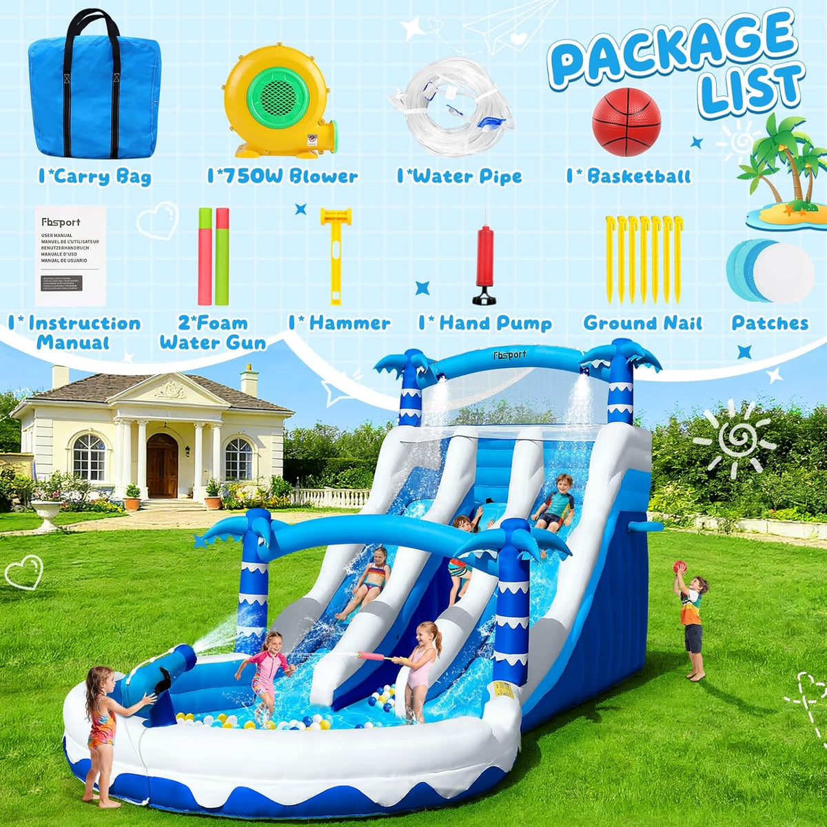 Castillo hinchable XXL con 2 toboganes de agua para uso comercial, adultos y niños, hinchable para interior y exterior con soplador, piscina, tobogán, canasta, sistema de aspersores y pared de escalada, 630x290x285 cm