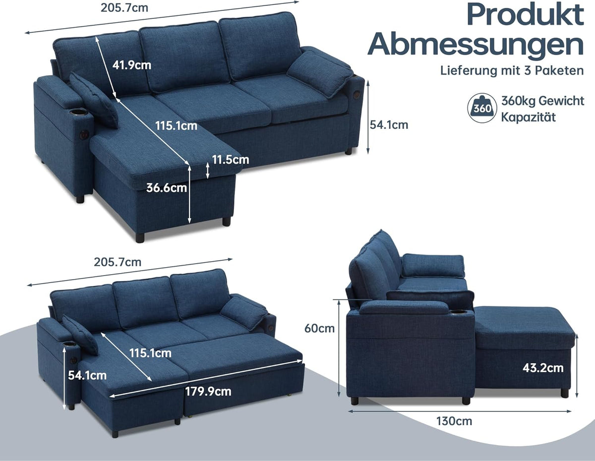 DURASPACE Sofá cama extraíble 2 en 1, sofá seccional con almacenamiento, USB, portavasos, función de dormir y arcón, sofá esquinero con espacio de almacenamiento para apartamento, sala de estar (azul)