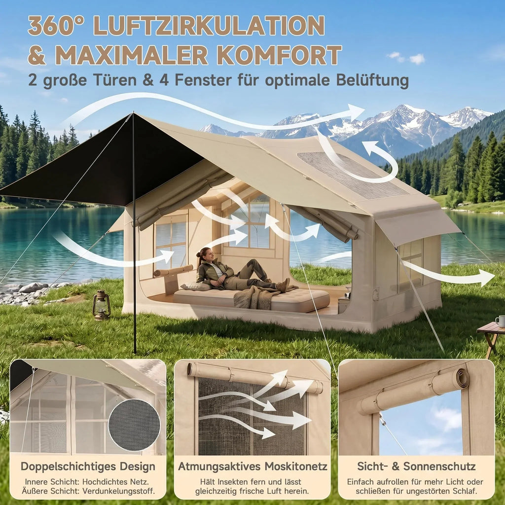 Tienda de campaña hinchable HAUSPROFI para 3-4 personas, 6,3 m² de estilo glamping con avance, apertura para chimenea, 200 cm de altura, 420D impermeable, bomba incluida