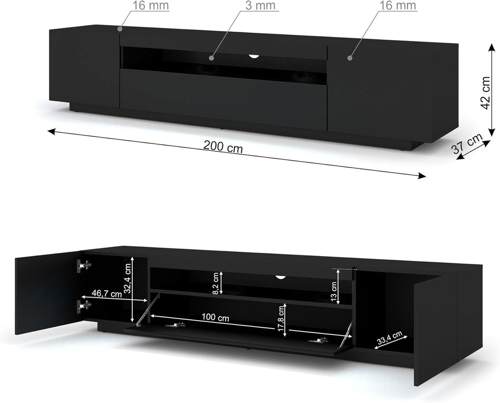 Mueble de TV BIM 200 cm - Aparador universal con frentes laminados, suspendido o de pie - Mueble para televisión, mueble HiFi para salón, negro mate
