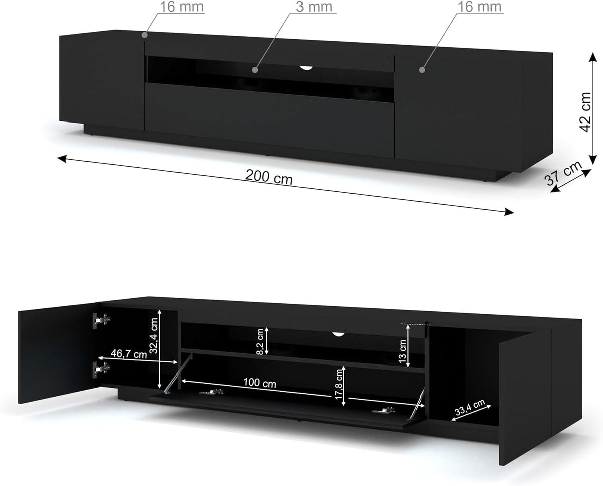 Mueble de TV BIM 200 cm - Aparador universal con frentes laminados, suspendido o de pie - Mueble para televisión, mueble HiFi para salón, negro mate