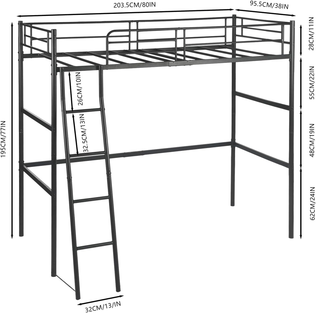 Cama alta de 90x200 cm, estructura de cama infantil, cama de metal, litera con barrera y escalera inclinada, para adultos, adolescentes y niños, negro