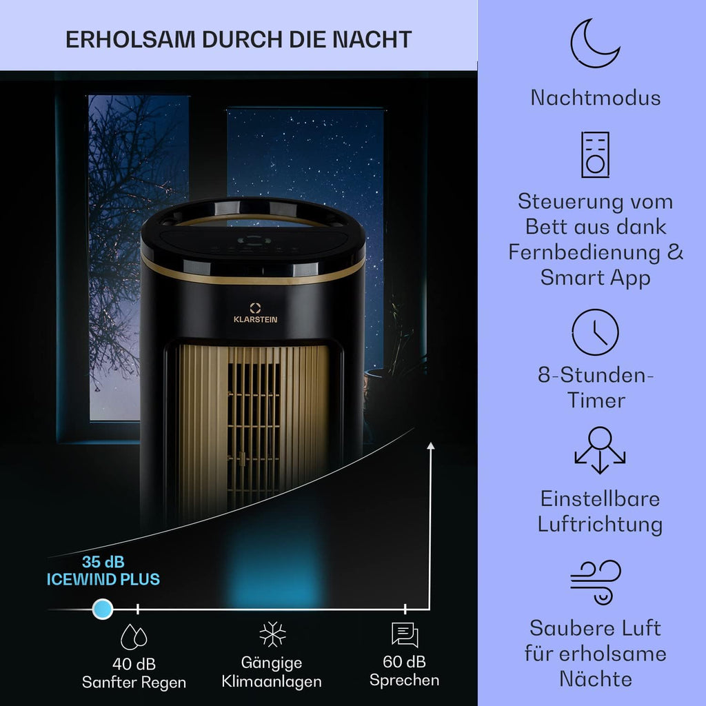 Enfriador de aire Klarstein con refrigeración por agua, enfriador evaporativo 4 en 1 silencioso, humidificador, ventilador y modo nocturno, aire acondicionado portátil de 7 L, enfriador de aire de 65 W, flujo de aire refrigerante de 330 m³/h