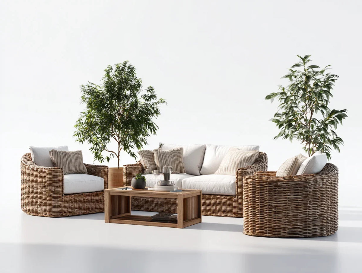 Sofás de jardín de ratán natural con cojines beige y mesa de centro 200x80x75 cm - diseño moderno para exteriores
