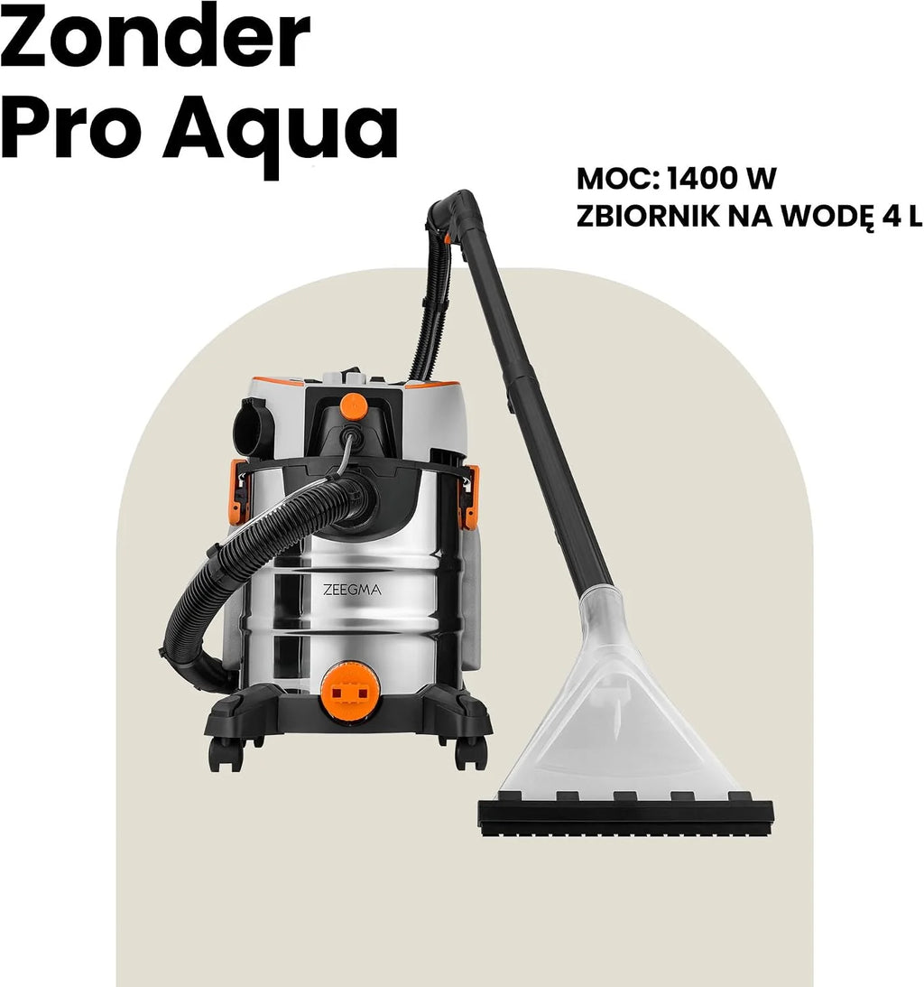 ZEEGMA ZONDER PRO AQUA Odkurzacz Piorący do Pracy na Mokro i Sucho 1400W, do Dywanów Samochodu Tapicerki Schodów, Zbiornik na Wodę Czystą 4 L, Zestaw Filtrów oraz Ssawek Piorących