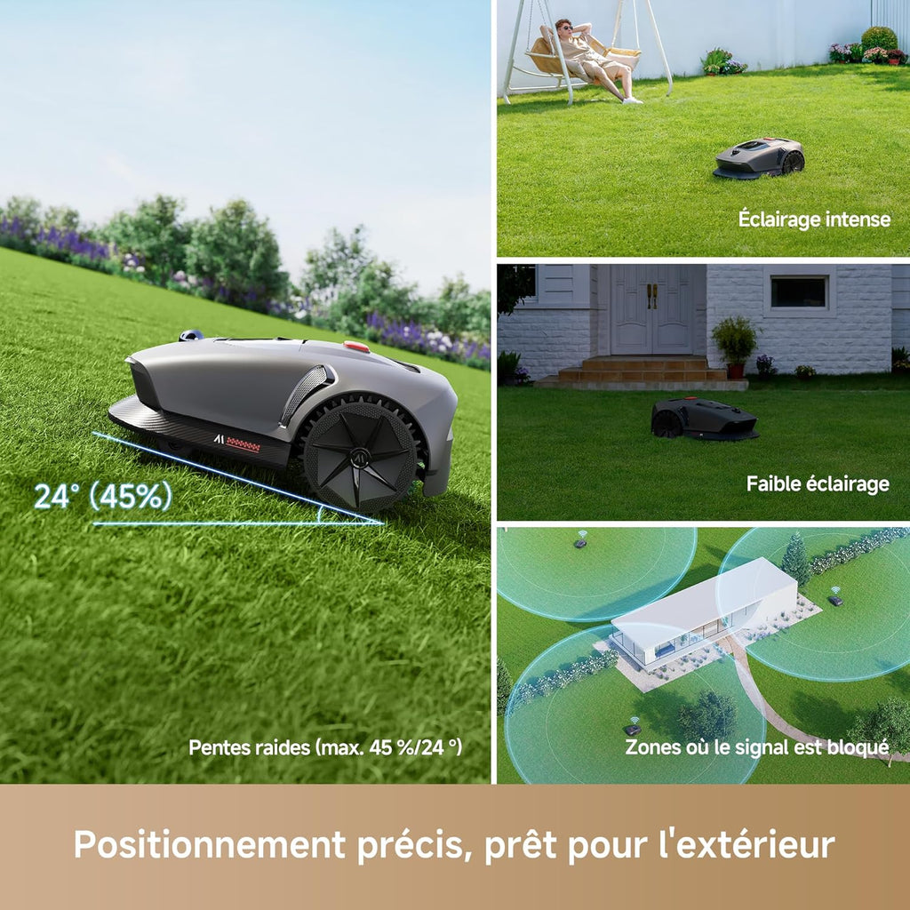 Robot cortacésped inalámbrico MOVA 600, cartografía LiDAR 3D de 360° hasta 600 m², evitación inteligente de obstáculos. Control por aplicación, corte en U, silencioso, alertas de seguridad.