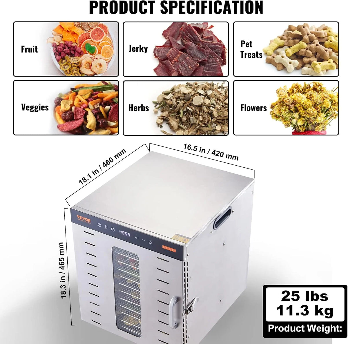 VEVOR Maszyna do odwadniania żywności 10 tacek ze stali nierdzewnej 1000 W Elektryczny odwadniacz owoców i warzyw Regulowana temperatura 30-90 °C Timer 0,5-48 h do ziół, mięsa
