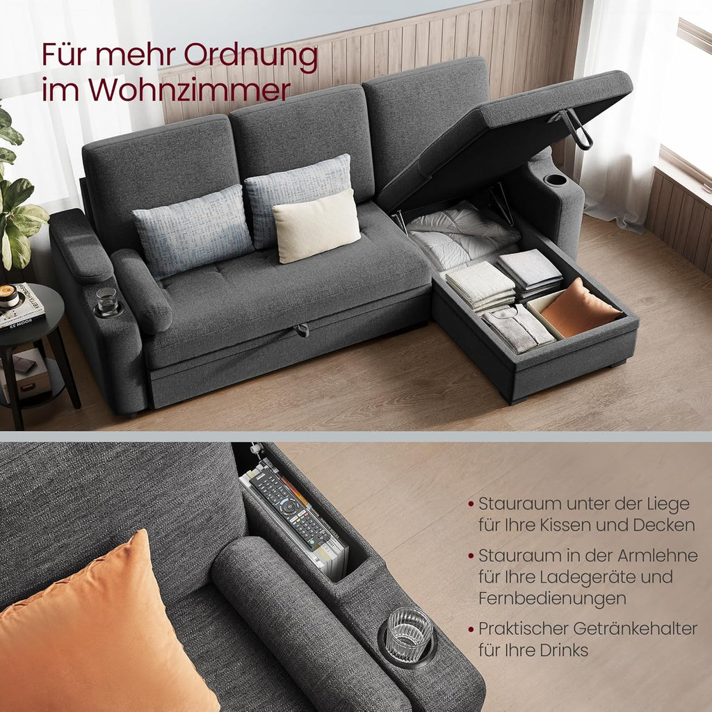Sofá cama VASAGLE, sofá, sofá cama con espacio de almacenamiento, muebles tapizados, funda de mezcla de algodón y lino, portavasos, moderno, habitación de invitados, gris LCS801G01