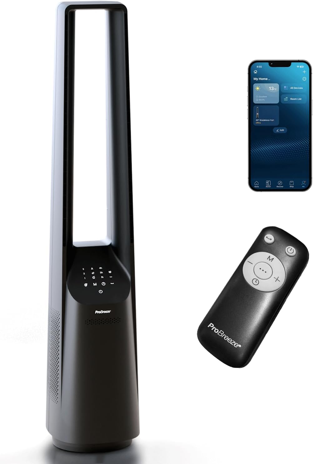 Ventilador sin aspas Pro Breeze de 101 cm - Ventilador para casa inteligente con Wi-Fi, control remoto, pantalla LED, 6 velocidades - Ventilador de torre muy silencioso, 5 modos de funcionamiento, oscilación automática de 60°, temporizador de 7 h