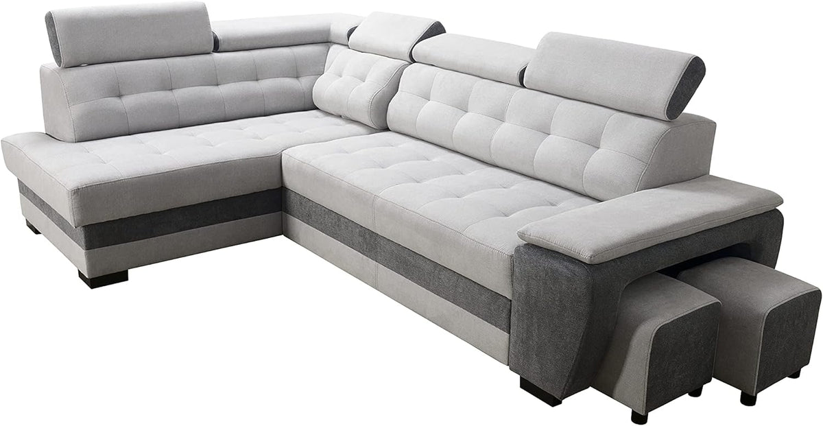 Sofá rinconero Robin Inspire Grand con función cama plata-antracita izquierdo | Sofá en forma de L con arcón, función relax, 2 taburetes y reposacabezas. Conjunto de salón con opción de dormir.