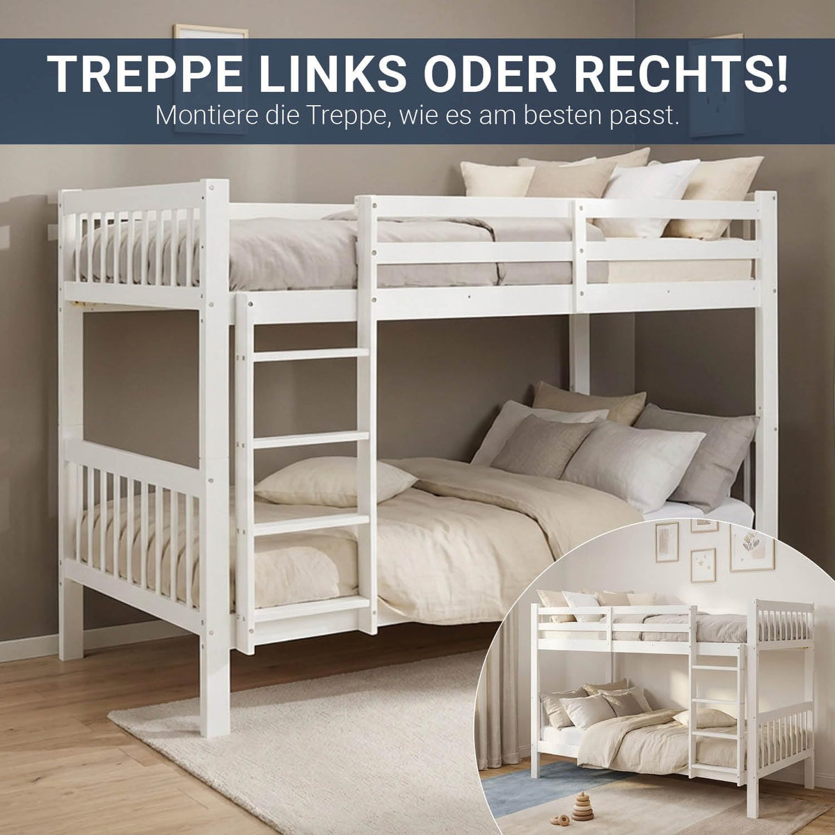Homestyle4u, litera para 2 niños 90x200 con escalera, madera de pino blanco, cama alta 90x200 divisible en 2 camas infantiles, litera doble