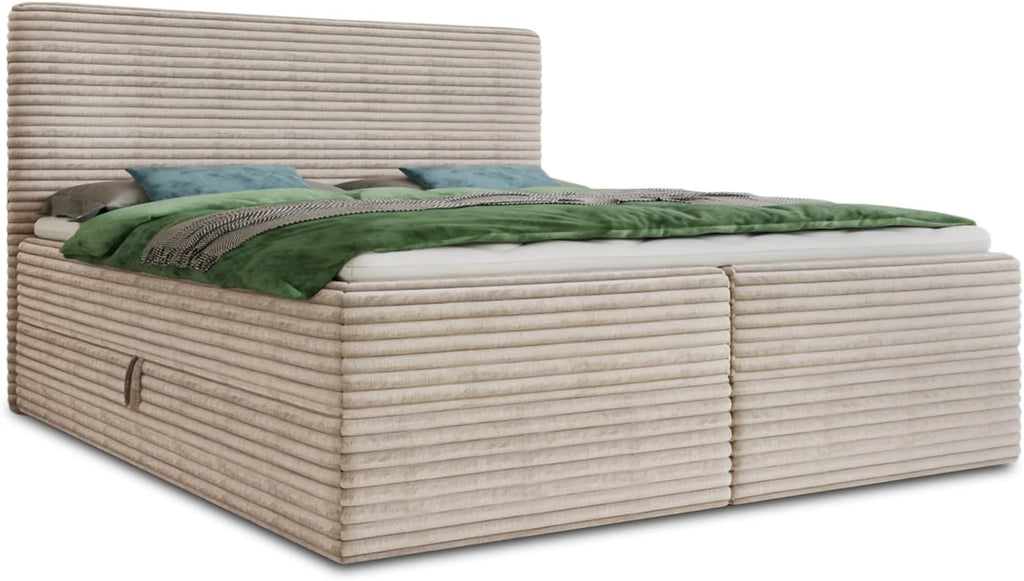 Cama boxspring Sofnet Mollo con 2 cajones, cama doble con colchón Bonell y topper, cama tapizada en suave tela de pana, cama, estructura de cama para dormitorio (beige (Tilia 03), 140 x 200 cm)