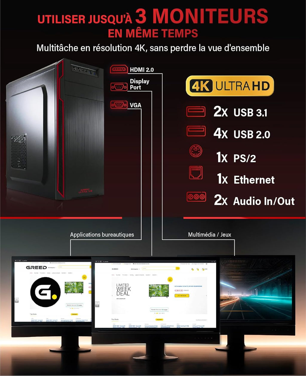 Greed® PC Ultra V2 con AMD Ryzen 7 5700G - Computadora rápida + Computadora de escritorio para el hogar con 4.6 GHz, 16 GB de RAM/memoria - SSD de 1 TB + HDD de 1 TB - DVD+RW - USB3.1 - Wi-Fi, con Win11 Pro