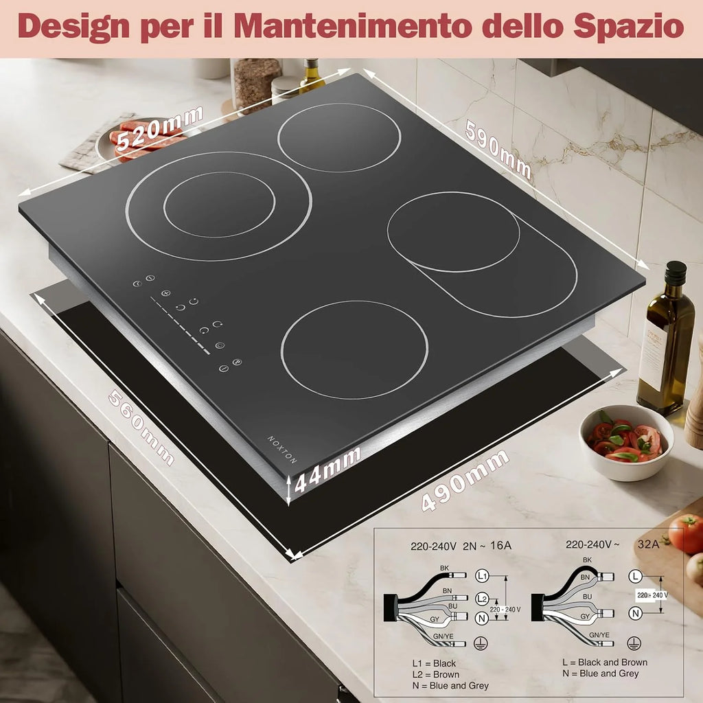 NOXTON Płyta grzewcza ze szkła ceramicznego, 4 płyty do zabudowy, płyta ceramiczna 60 cm, 6600 W