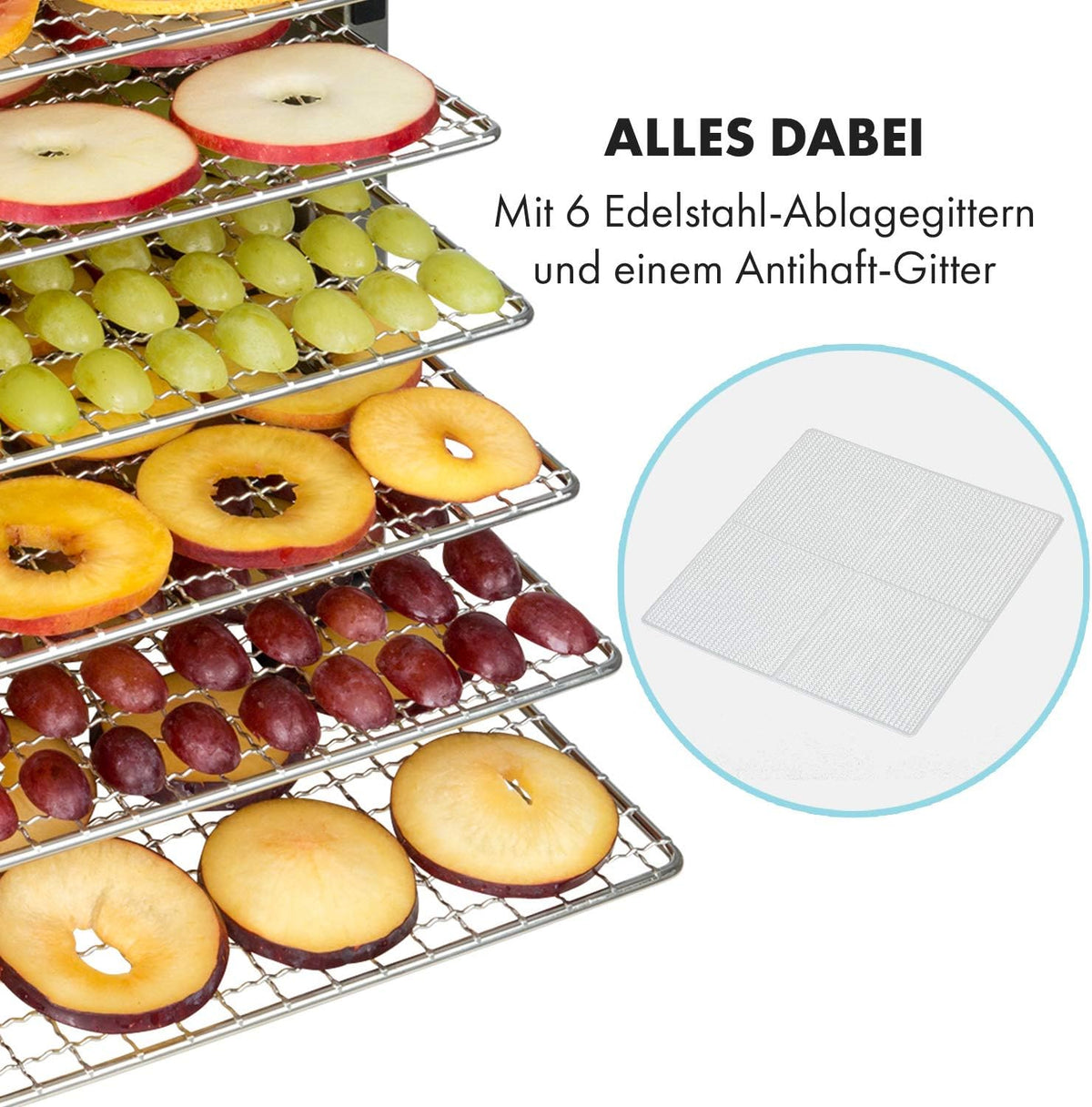 Deshidratador de alimentos Klarstein Flavour Dry con carcasa de acero inoxidable, 6 bandejas, pantalla táctil LCD, temporizador, circulación de aire de 360°, termostato digital, 35-75 °C