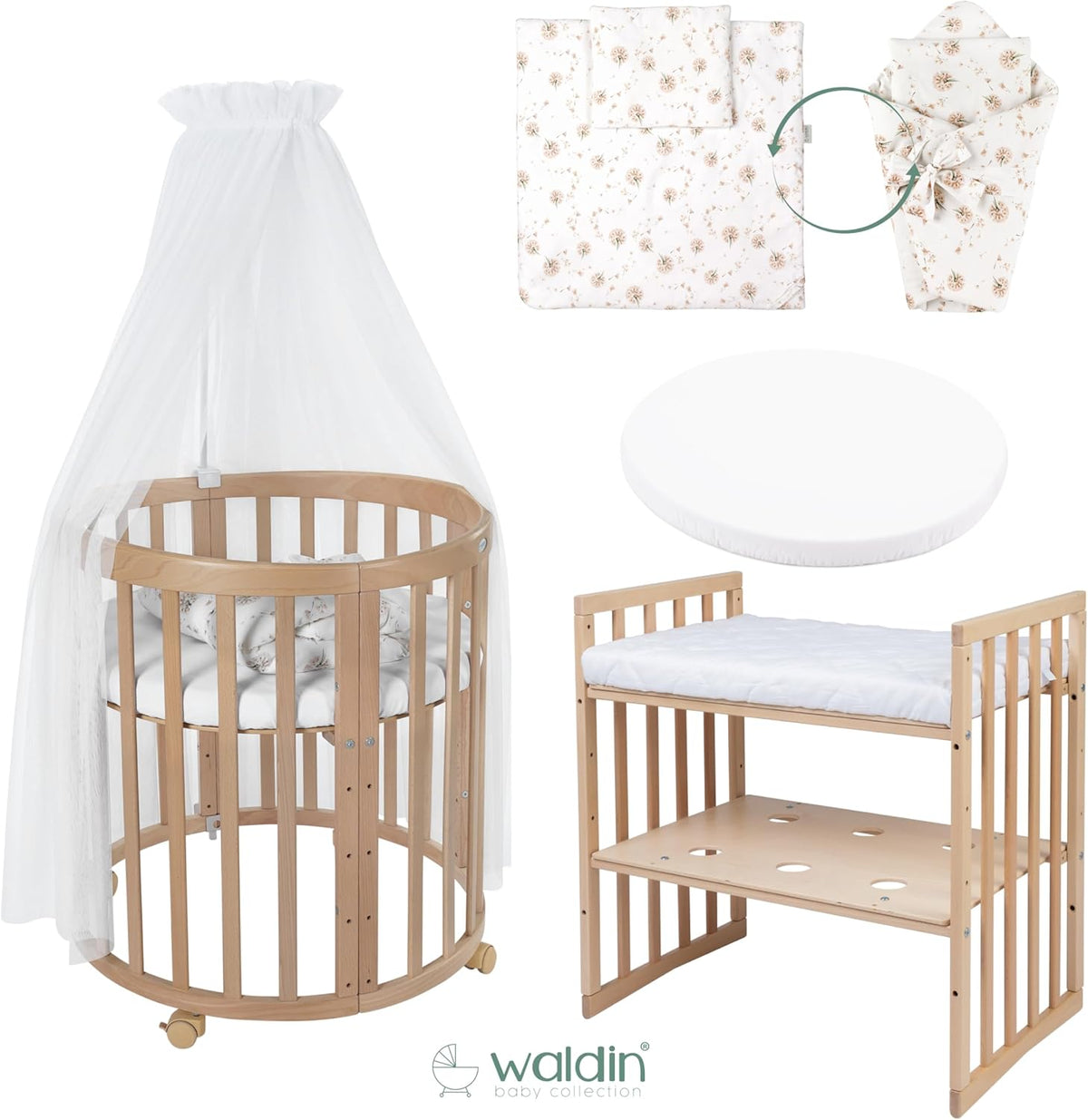 Cuna ovalada evolutiva Waldin, set completo 7 en 1, cuna de barrotes, cama infantil con colchón, cambiador, cuna colecho, madera blanca