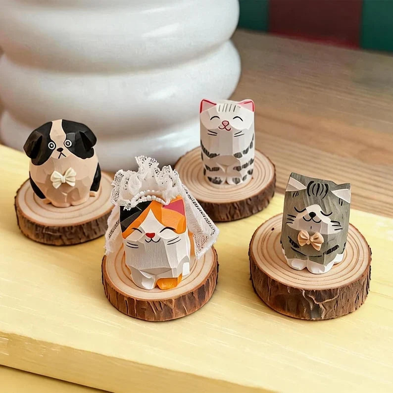 Adornos de madera tallados a mano de gatos y perros, decoración rústica para el hogar estilo bohemio de granja para escritorio