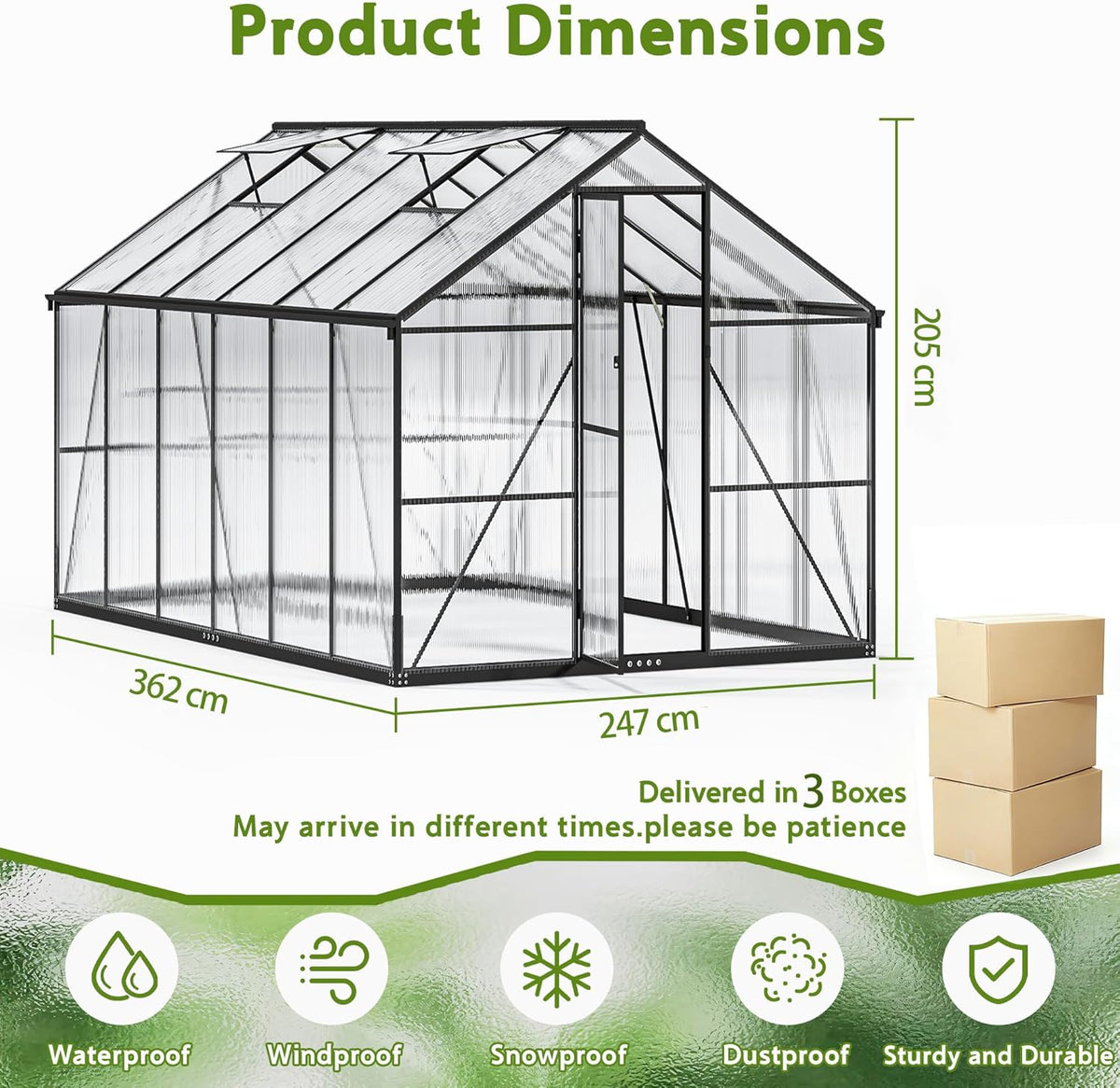 Invernadero de aluminio para jardín, 362x247x205cm invernadero de aluminio con cimientos, ventilación de techo ajustable, uso versátil como invernadero de cultivo resistente al invierno y casa para plantas