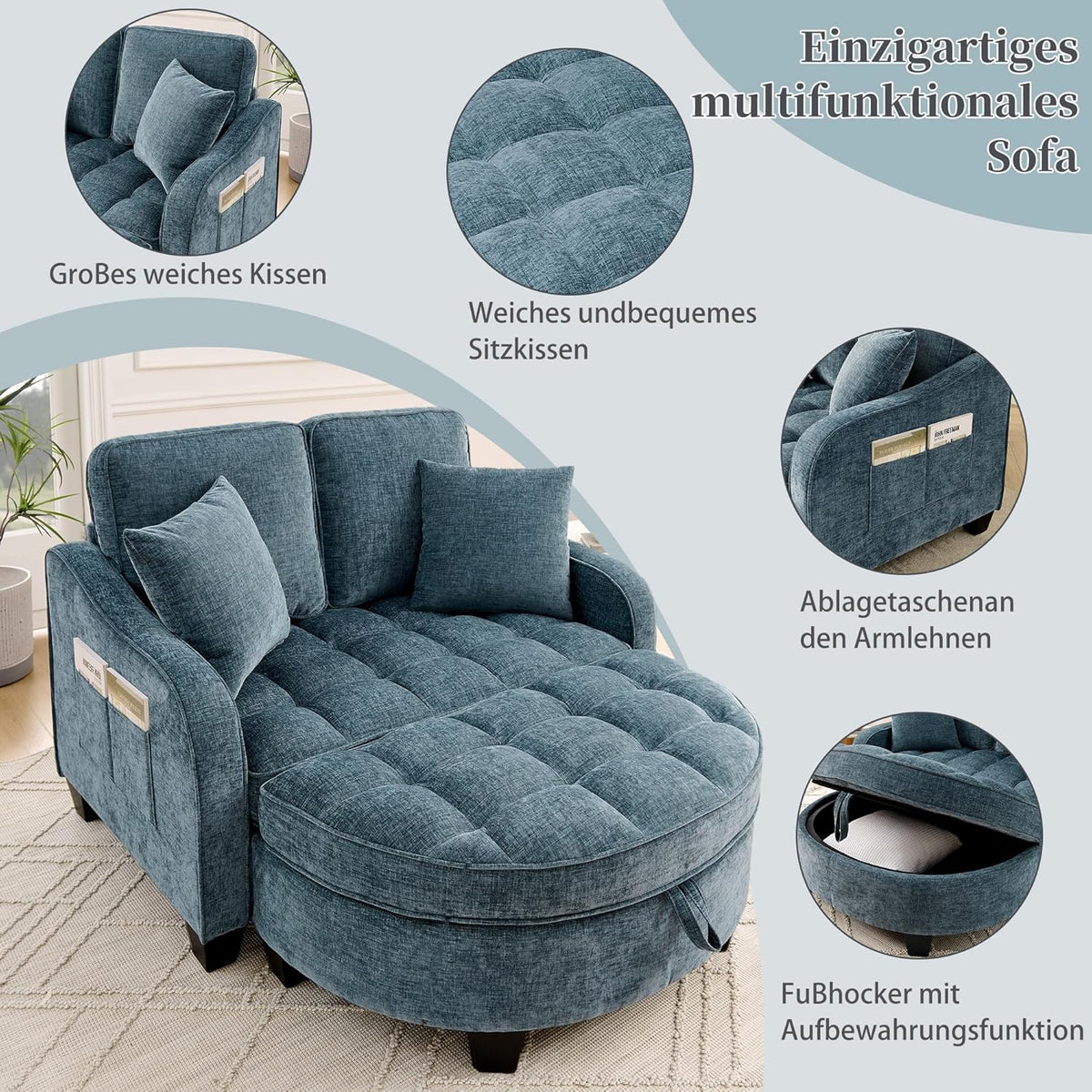 Sofá con reposapiés de almacenamiento, sofá cama con respaldo ajustable y cojines, sofá pequeño, para salas de estar pequeñas, salas de estudio, dormitorios, azul