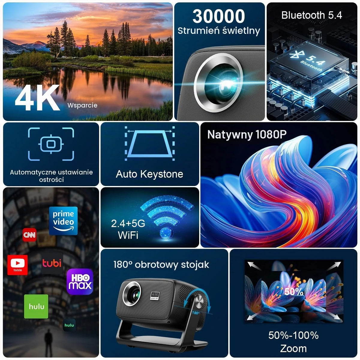 Beamer 4K Android 14.0, 30000 Lumen Projektor Kinowy, Automatyczne Ustawianie Ostrości i Korekcja Trapezu, Bluetooth 5.4 i WiFi 6, Rozmiar Projekcji 30–220 Cali, Kompatybilny z iOS/Android/TV Stick