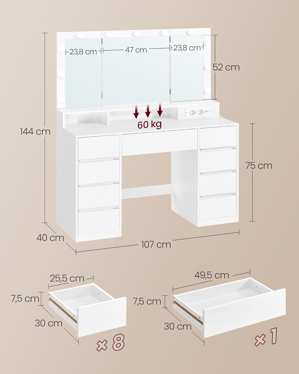 Colección VASAGLE Kailyn - Tocador, espejo de 3 piezas, mesa de maquillaje con 11 bombillas, enchufes, 9 cajones, 3 colores de luz, montaje de rieles de cajón sin herramientas, blanco nube RDT146WB01