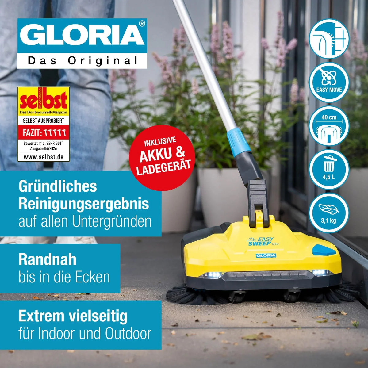 Gloria EasySweep 18V Set barredora a batería, 40 cm, depósito de 4,5 l, para acera, terraza, entrada, garaje, interior y exterior