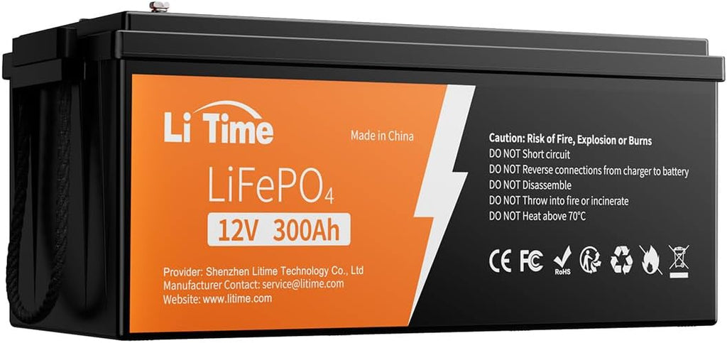 Batería de litio LiTime 12V 300Ah LiFePO4, BMS de 200A integrado, energía de 3840Wh, baterías de ciclo profundo, hasta 15000 ciclos de vida y 10 años de vida útil, perfecta para sistemas aislados (off-grid), autocaravanas y sistemas solares.