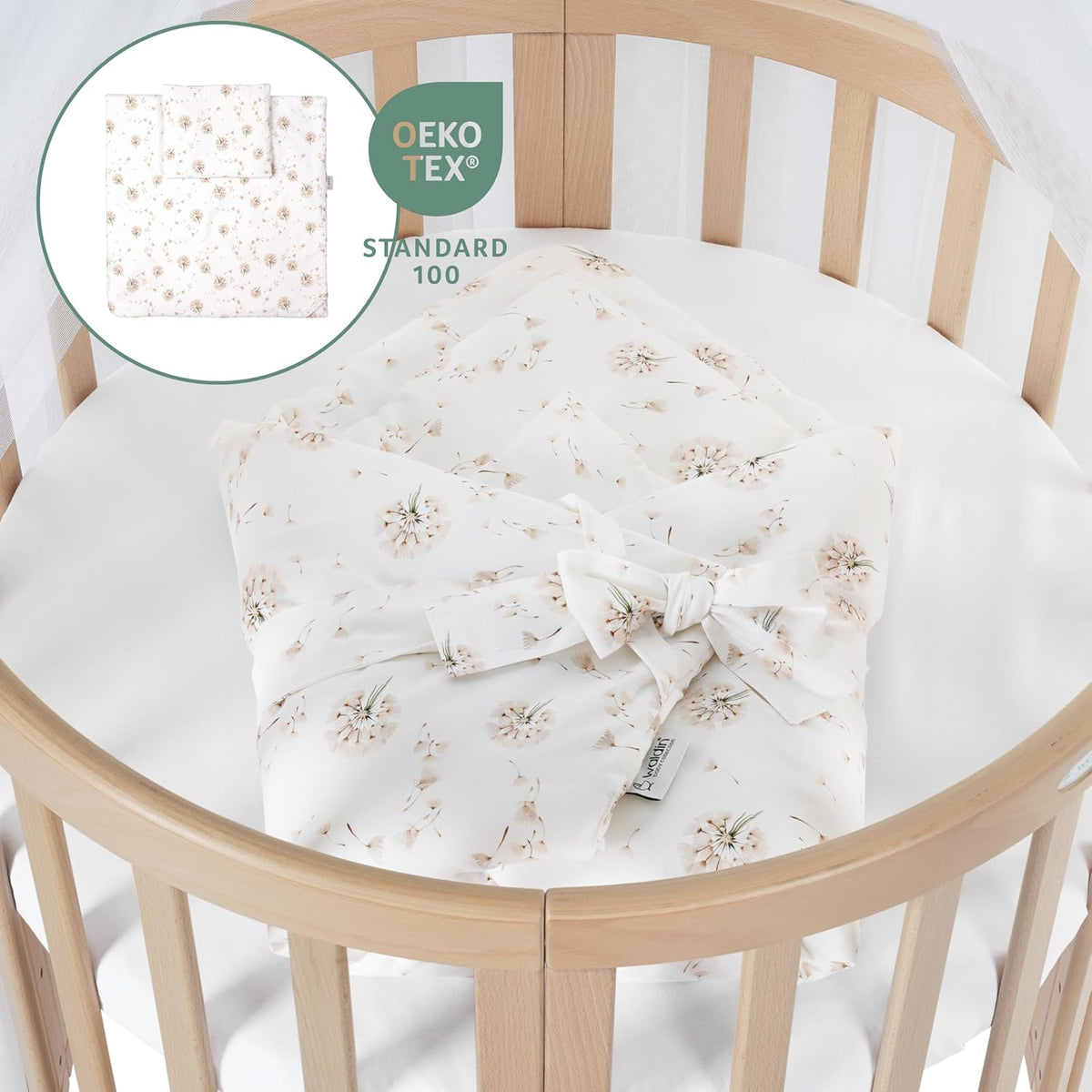 Cuna ovalada evolutiva Waldin, set completo 7 en 1, cuna de barrotes, cama infantil con colchón, cambiador, cuna colecho, madera blanca