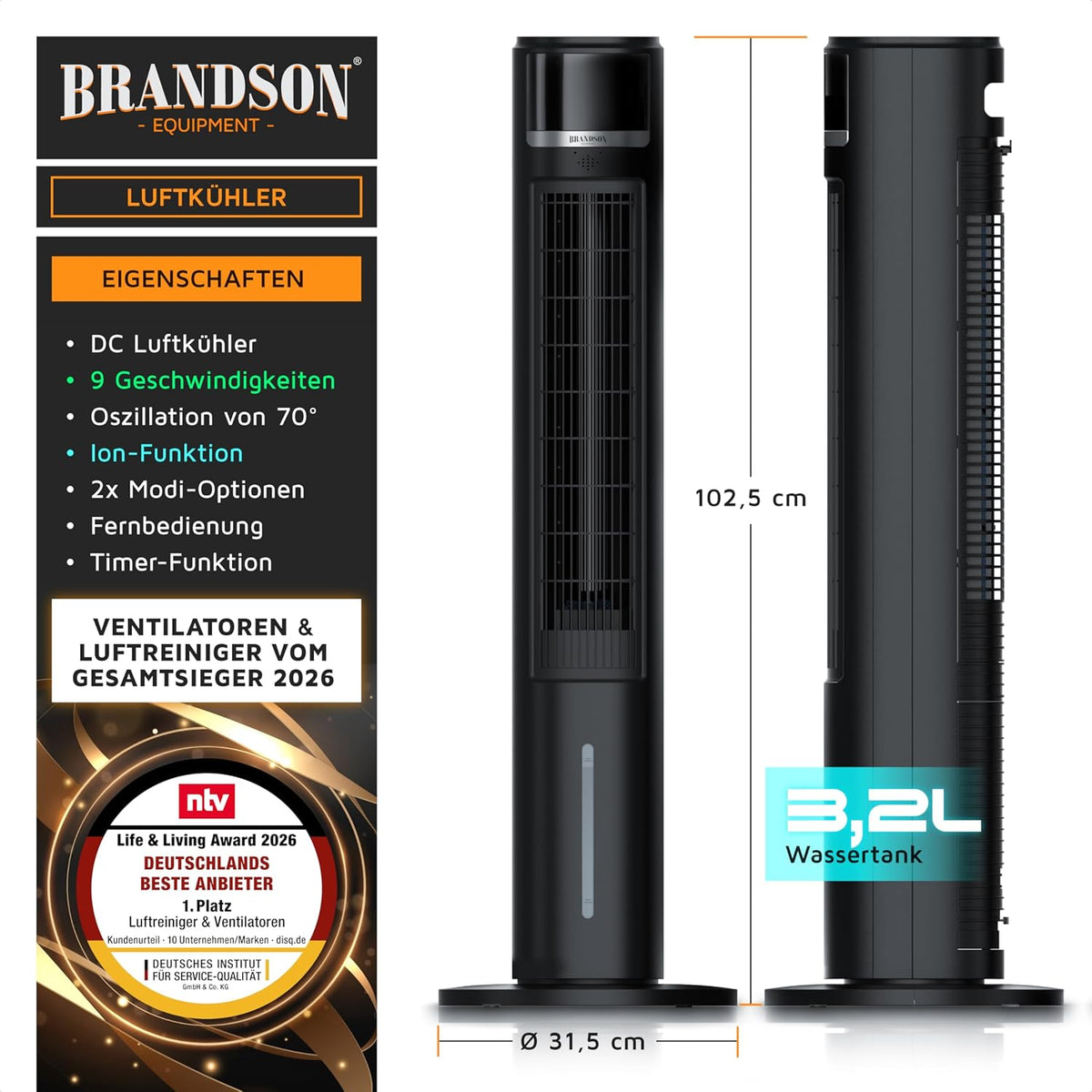 Brandson – enfriador de aire portátil con refrigeración por agua y diseño ECO - Motor CC muy silencioso - 60% de ahorro energético - Ganador en ventiladores y enfriadores de aire 2026 - Ventilador de torre – Oscilación – Función de iones