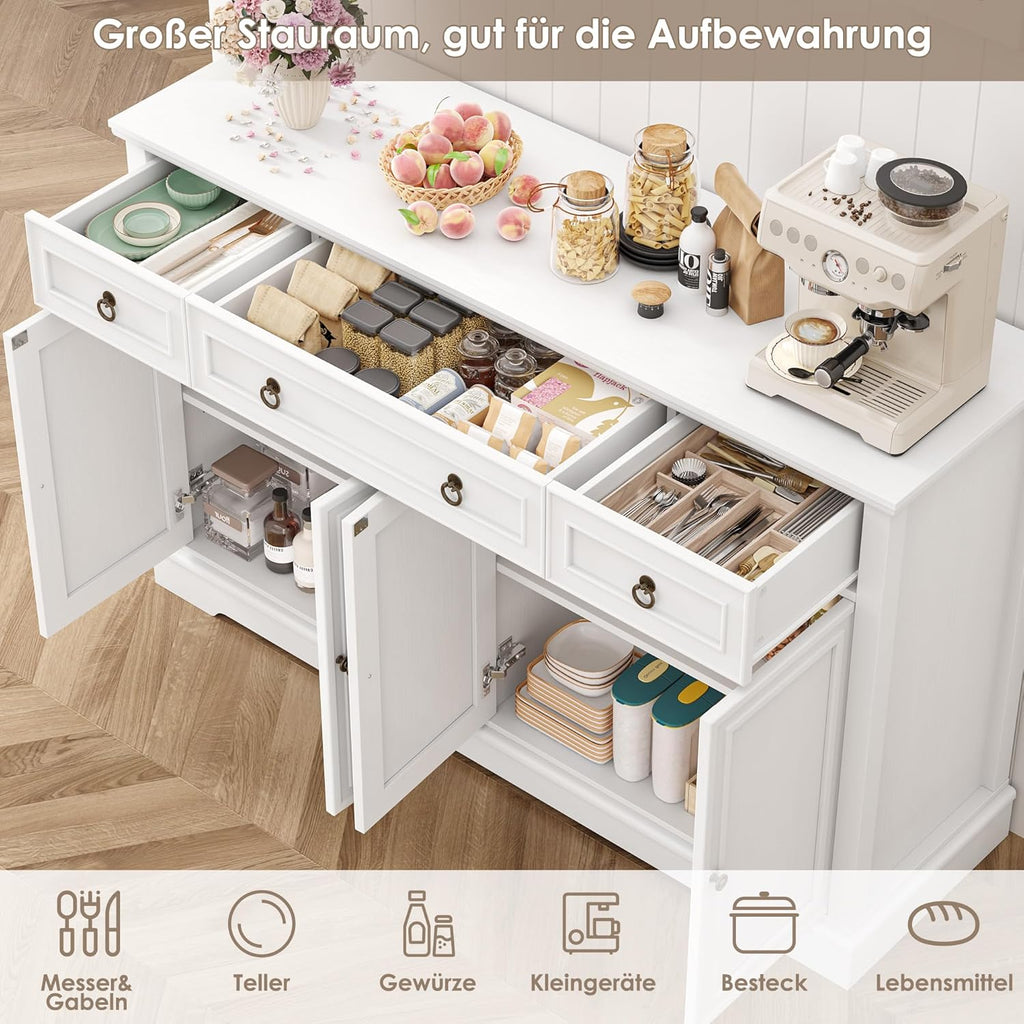 Aparador FirFurd, mueble de cocina con encimera, armario buffet para cocina y salón, mueble de salón con 3 cajones y 4 puertas, buffet de cocina con estante ajustable, 134x87x40 cm, blanco