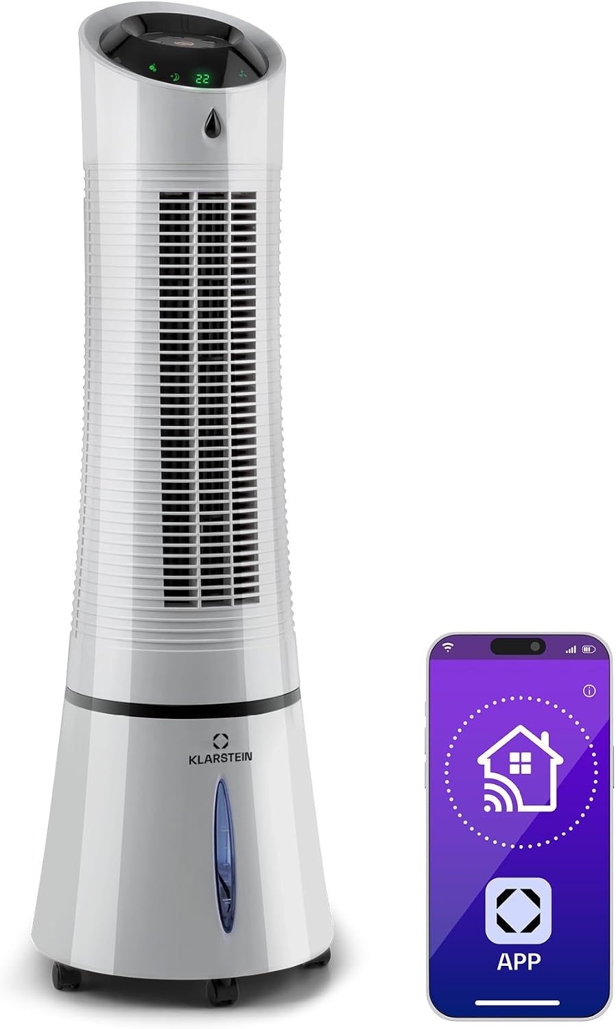 Klarstein 4 en 1: Enfriador de aire inteligente, ventilador, humidificador e ionizador I Depósito de agua de 6 L, oscilación, 30 W, 210 m³/h, temporizador I Aire acondicionado sin tubo de escape, aire acondicionado móvil, plata