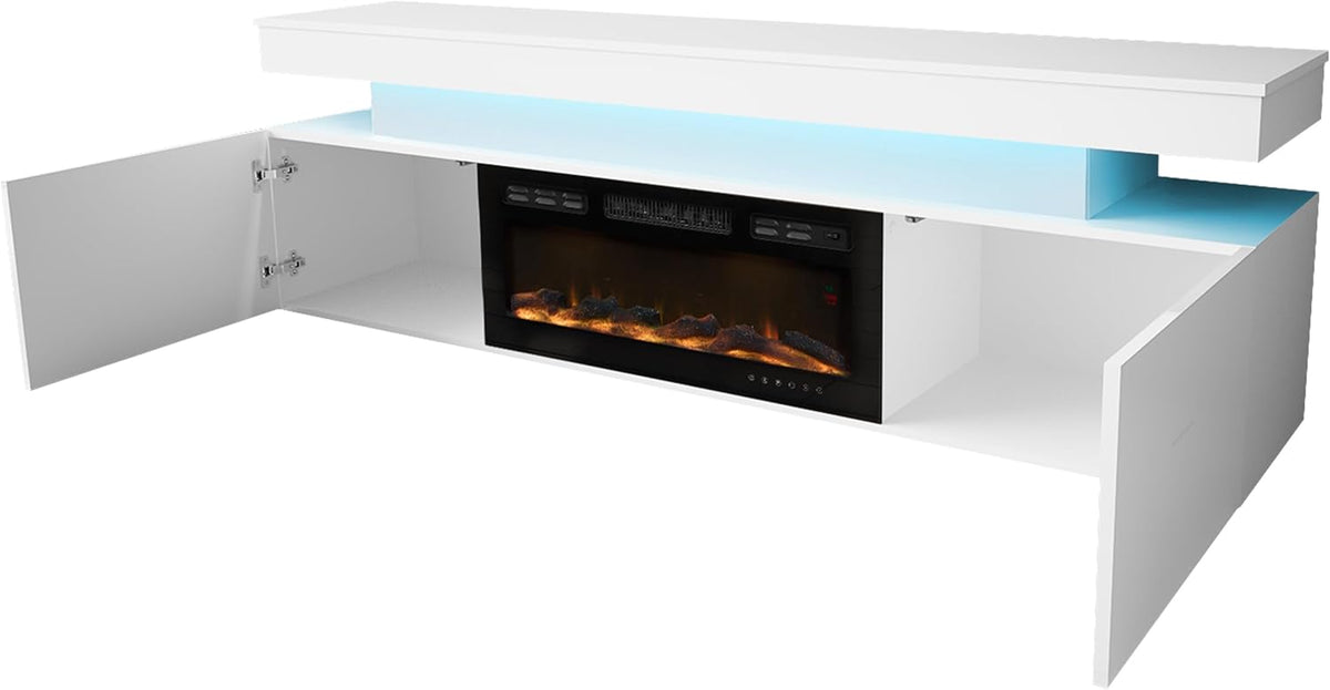 Mueble para TV Mirjan24 Serkuzo EF 2D con chimenea eléctrica, práctico mueble de televisión, soporte para TV con apertura sin tiradores, llama LED realista (blanco/blanco brillante)