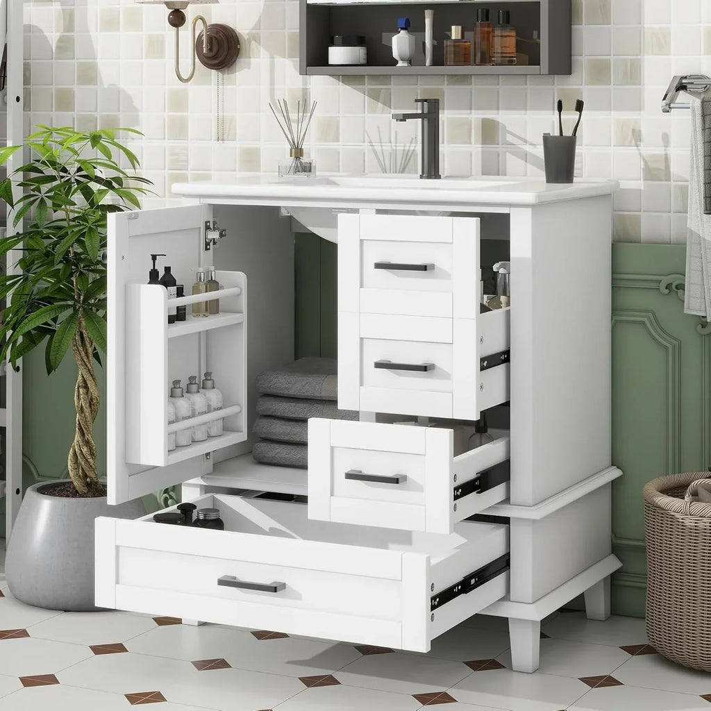 Moimhear Mueble de baño de pie, lavabo, totalmente lacado, tres cajones de cierre suave, lavabo de cerámica integrado (blanco, 76 x 46 x 83,5 cm)